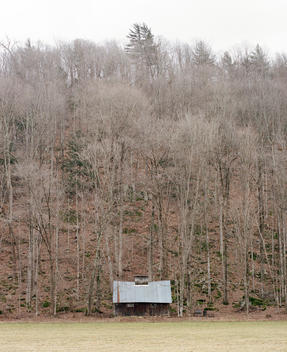 An old sugar shack tucked into the hardwood forest at the edge of a field in late fall.