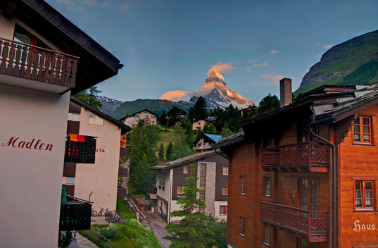Matterhorn in sunrise as seen from inside the village