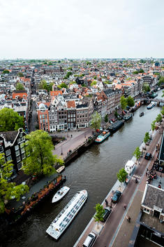 The view looking down from Westerkerk church at the canals of Amsterdam.