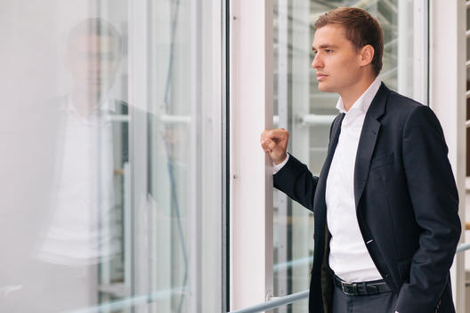 Portrait of young business consultant standing and looking outside the window