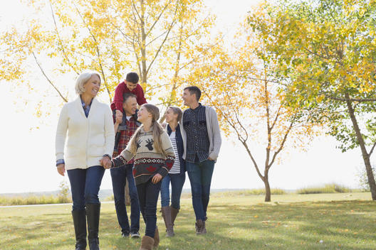 Happy multi-generation family walking in park