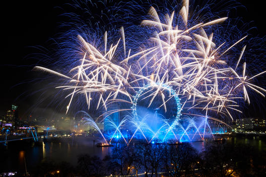 Fireworks to celebrate New Year\'s Eve on River Thames, London