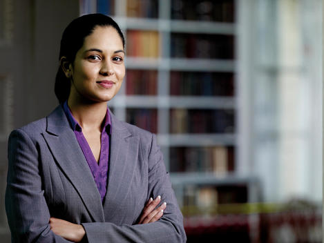 Young Professional Woman, South Asian/Indian Appearance, Standing In Office, Smiling Portrait.