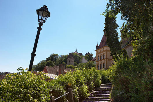 steps leading up to the medieval historic city of Sighisoara, UNESCO world heritage