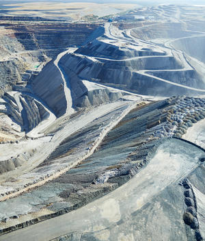 Aerial of an open pit gold and copper mine near Green Valley, Arizona.