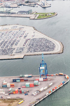 Aerial view of commercial dock and parking lot