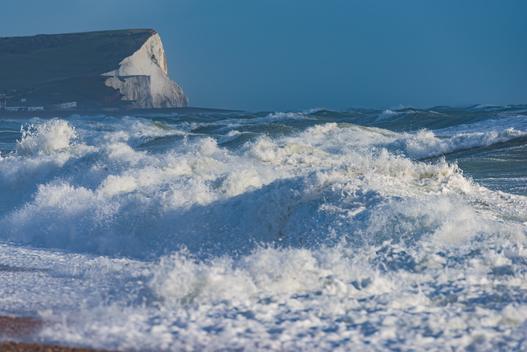 A view towards The Seven Sisters in East Sussex during Storm Brian.