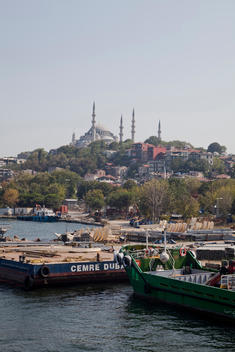 View of Golden Horn and famous Suleymaniye Mosque is an Ottoman imperial mosque located on the Third Hill of Istanbul, Turkey. It is the largest mosque in the city, and one of the best-known sights of Istanbul.