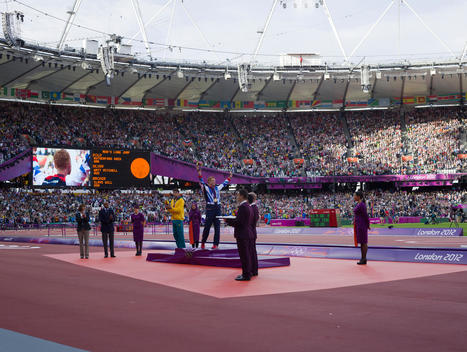 The victory ceremony at the Olympic Stadium for the Men?s Long Jump, which was unexpectedly won by Britain?s Greg Rutherford the previous evening, on what became known as ?Super Saturday?, when the British team claimed six gold medals. 2012 London Olympic