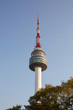 View of the North Seoul Tower against blue skies in Seoul