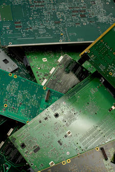 Still-Life Of Parts Of Computers, With Printed Circuits, Silicon Chips, Logic Boards, And Processors