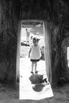 A young girl walks through a hole cut into a tree trunk at the Donald and Barbara Zucker Natural Exploration for children at Prospect Park, Brooklyn, NYC