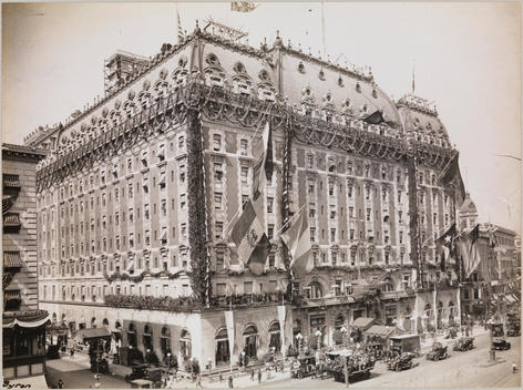 The Hotel Astor (Broadway And 45Th Street) From Above And Down The Street, Festooned With Decorations And Garlands For The Hudson Fulton Celebration, September 1909.
