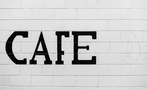 New Zealand, Ngatea, the word Cafe on white brickwork