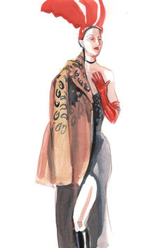 Illustration of a woman wearing a dancing costume and a coat over her shoulders to keep warm.