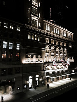 Night view from above of Carnegie Hall in New York City.