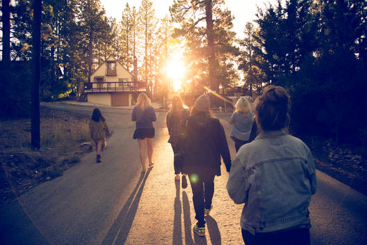 Group of friends walking up to a cabin in the mountains with sun shinning into camera.