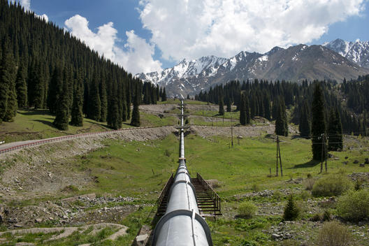 A large pipeline transports fresh water from Big Almaty Lake reservoir, through the Tien Shan Mountains into the southern city of Almaty, Kazakhstan. Big Almaty Lake is located at an altitude of 2500 meters, and is the main source of drinking water supply