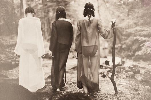 Three women with sheer dresses walking away into the forest.