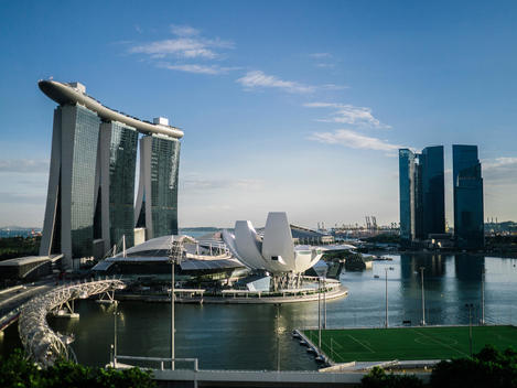 View of the Art Science Building and Marina Bay Sands Hotel in Singapore.