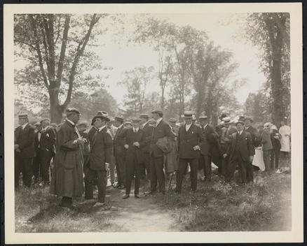 Group Of Hotel Managers In A Wooded Area At Milford Conn. Having A Luncheon On Their Way To The Opening Of The Hotel Griswold In New London, Conn.