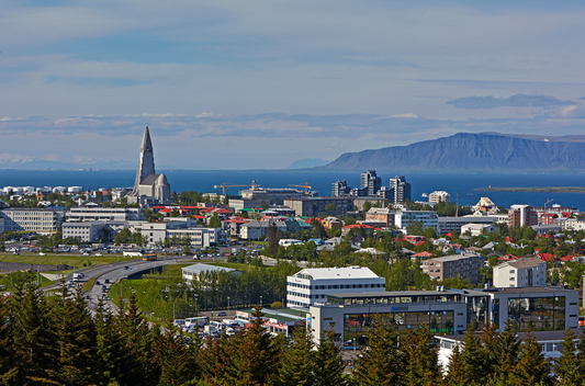 Elevated cityscape of the skyline of Reykjavik with spire of Frikirkjan (Free Church Reykjavik)