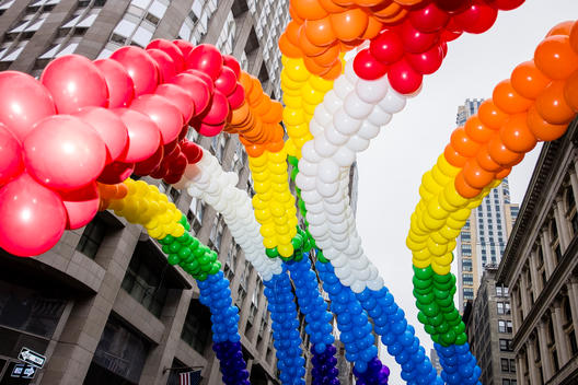 A rainbow of balloons floats above the start of the 2015 NYC Pride March (Gay Pride Parade)