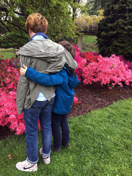 Brothers with arms around each other looking at pink azaleas at the Brooklyn Botanical Gardens