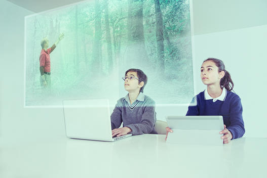 Children watching floating screen in online class