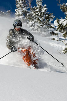 Man skiing at Solitude Mountain Resort, Utah, USA