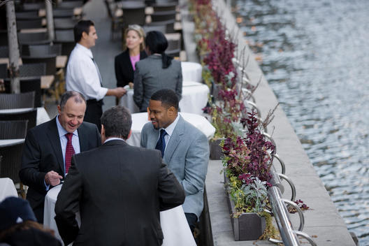 A Business Lunch At An Outdoor Patio Next To The Chicago River.