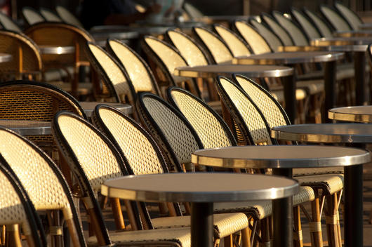 Chairs on the terrace of a cafe in Paris, France