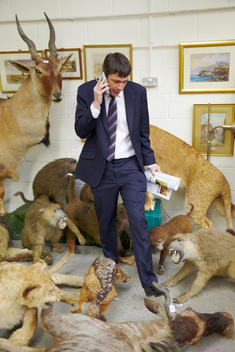 Auctioneer On Mobile Phone Stood Amongst Stuffed / Taxidermy Animals At Auction