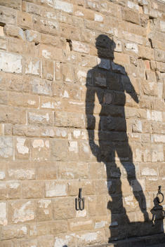 Shadow of Michelango's David sculpture on wall with the smaller shadow of a woman