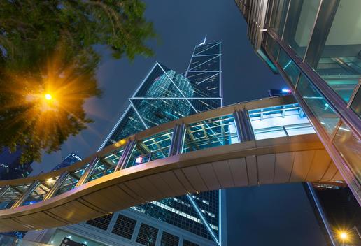 Pedestrian walkway and Bank of China building, Hong Kong, China