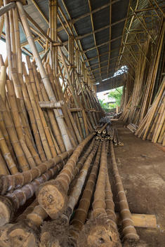Bamboo trunks in factory, Ubud, Bali, Indonesia