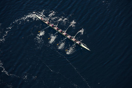 Elevated view of rowing eight in water