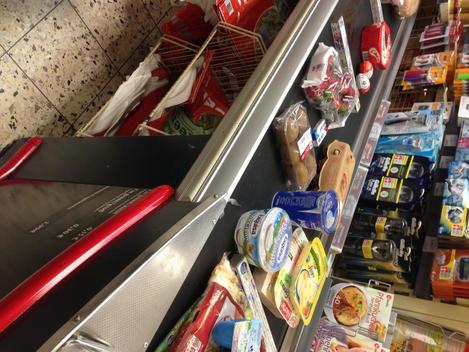 Supermarket conveyor belt with foods, Bonn, NRW, Germany