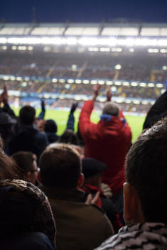 Fans and supporters celebrating at Stamford Bridge watching Chelsea play Stoke City in the FA Cup
