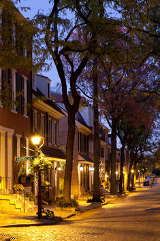 Cobbled Street In Old City Section Of Philadelphia At Dusk