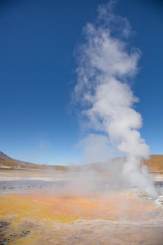 Tall plume of steam emanating from a geyser, with orange and yellow algae; El Tatio (Tatio Geysers), Chile