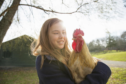An animal sanctuary. A young girl holding a chicken with brown feathers and a red coxcomb.