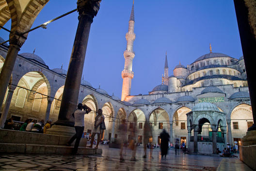 The Sultan Ahmed Mosque (Turkish: Sultan Ahmet Camii )is a historic mosque in Istanbul. The mosque is popularly known as the Blue Mosque for the blue tiles adorning the walls of its interior. In a night scenery tourists are flowing in and out of this hist