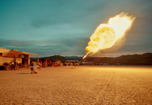 A Fire Canon Sends Out A Large Fireball Of Smoke And Flames Into The Night Sky At Desert Blast - A Secret Gathering Of Pyrotechnic Enthusiasts And A Private Fireworks Party Held At A Hidden Location In The Nevada Desert.