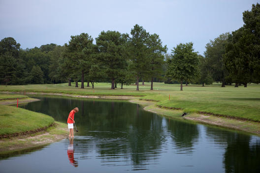 Young Boy In Orange Shirt Trying To Get A Golf Ball Out Of A Pond