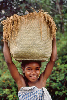 Betsileo girl carrying basket with rice harvest, Madagascar