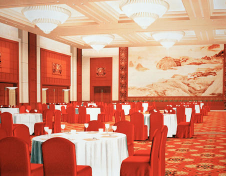 Image of a banquet hall on a wall outside of a construction site, Beijing, China, 2002.