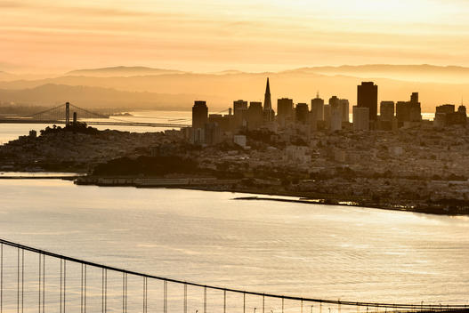 Silhouette of San Francisco city skyline at sunset, San Francisco, California, United States
