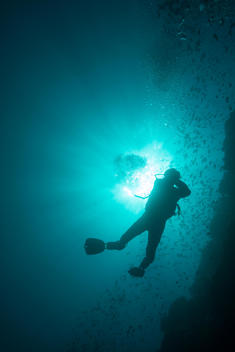 Silhouette of scuba diver against ocean surface