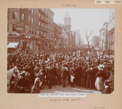 14Th Street Looking West From 5Th Ave. A Crowd Is Gathered To Watch A Salvation Army Parade.